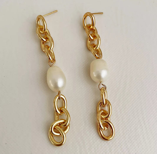 Maya Pearl Link Chain Earrings (crafted with Brass)