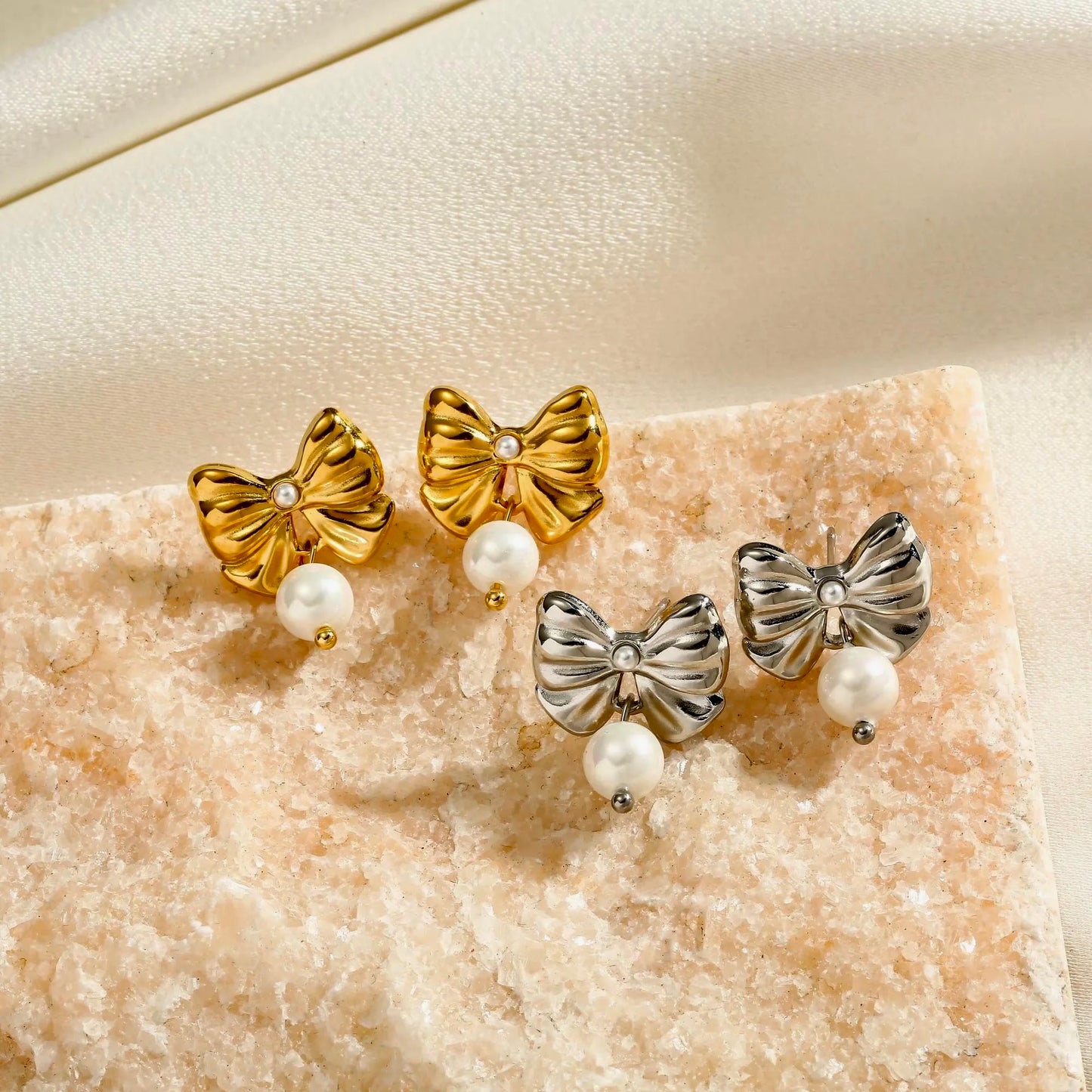 Pearl Drop Bow Earrings