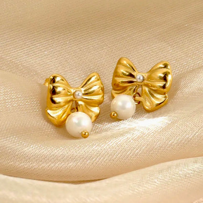 Pearl Drop Bow Earrings